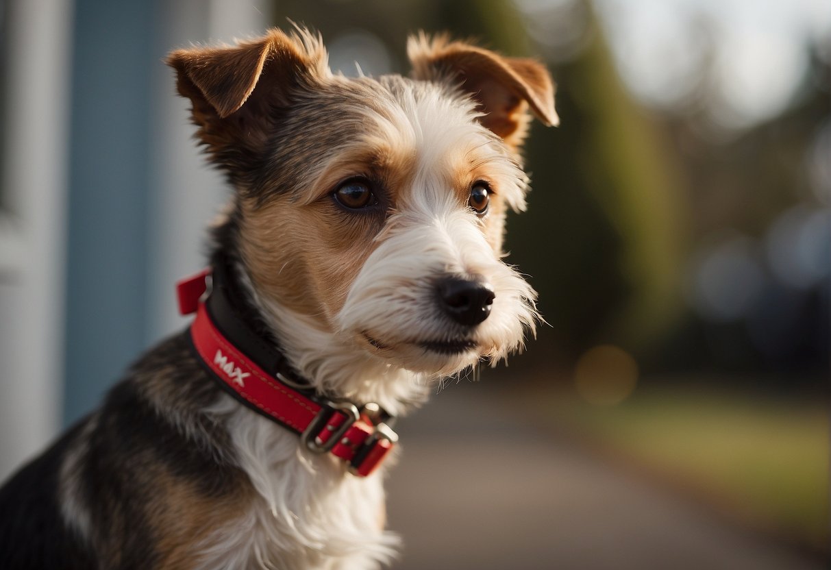 Marie's dog, a small brown and white terrier, sits next to her, wearing a red collar with a name tag that reads "Max."