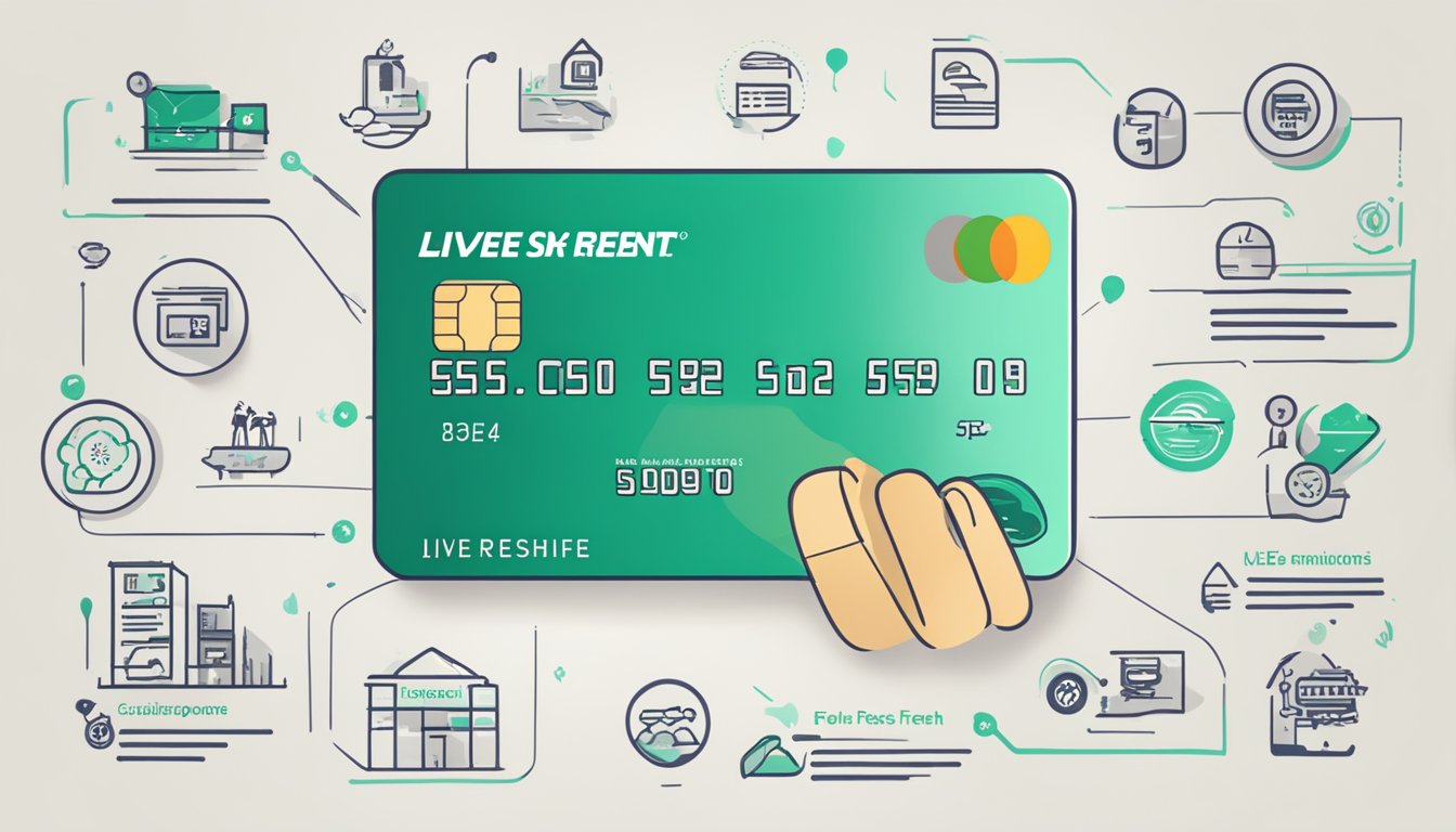 A sleek, modern credit card surrounded by icons of exclusive benefits and promotions, with the words "Live Fresh Card Benefits Singapore" prominently displayed