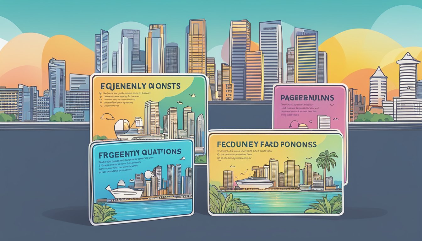 A stack of vibrant, freshly printed cards with "Frequently Asked Questions" and "Live Fresh" benefits, set against the backdrop of the Singapore skyline