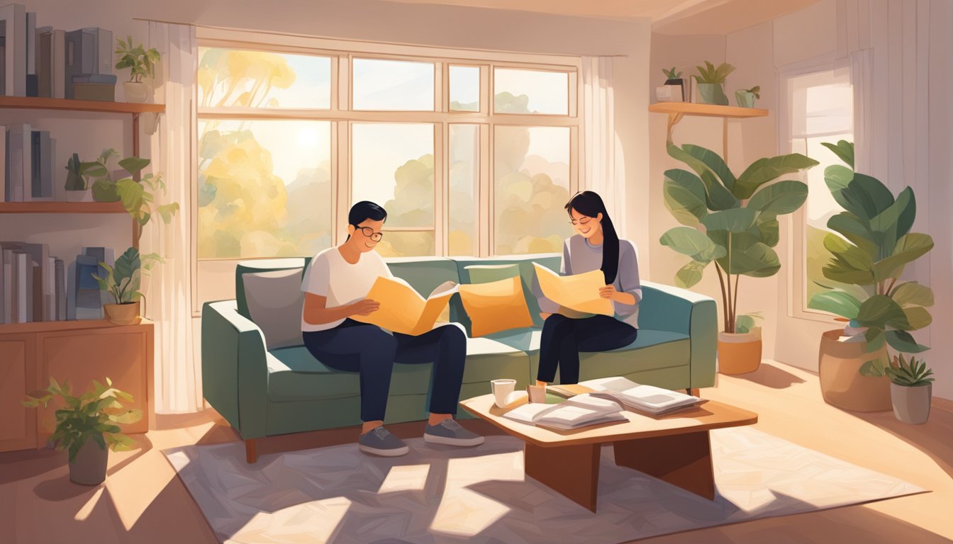 A couple sits in a cozy living room, reviewing loan documents for their upcoming wedding in Singapore. The room is filled with warm sunlight and wedding magazines