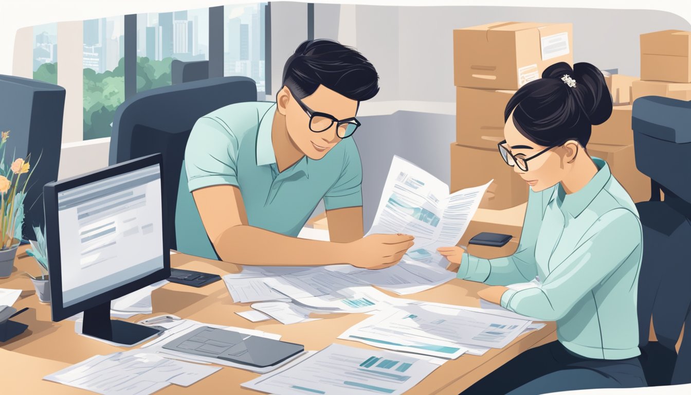 A couple sits at a desk completing forms. A wedding invitation and financial documents are scattered around. A computer displays "Eligibility and Application Process loan for marriage purpose singapore."