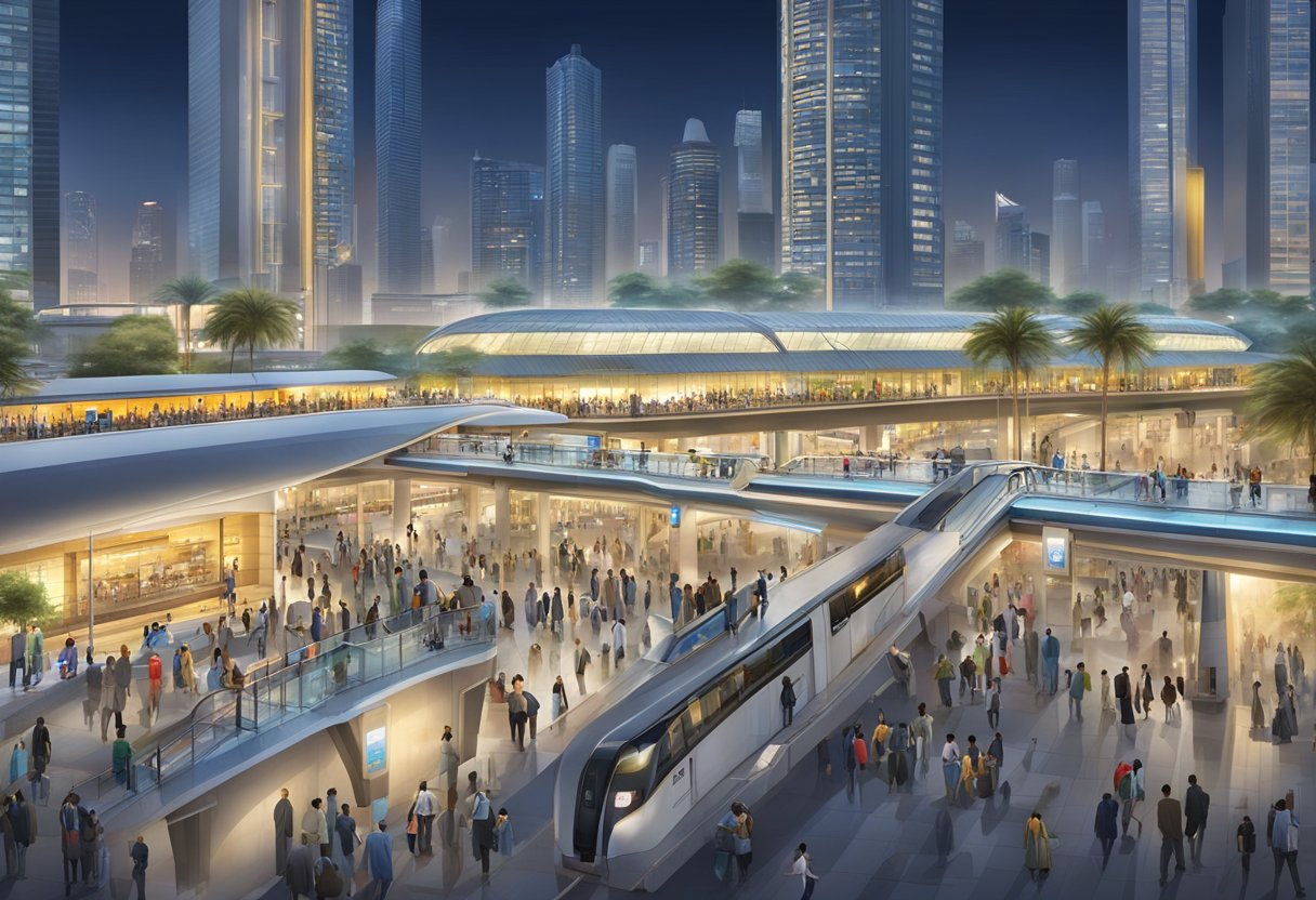 Baniyas Square metro station bustling with commuters and vendors, surrounded by towering buildings and illuminated by bright city lights