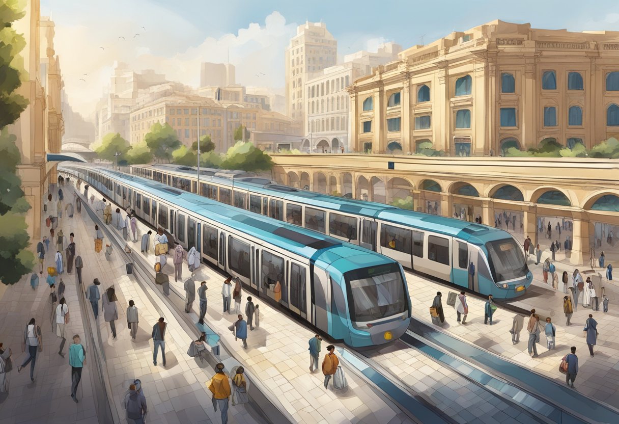 Baniyas Square metro station, bustling with commuters, surrounded by historic buildings and bustling with activity