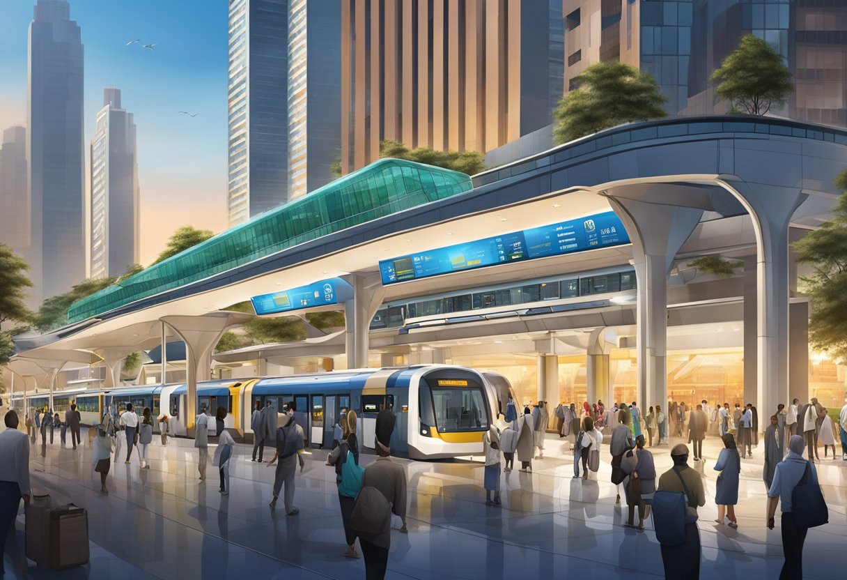 Baniyas Square metro station stands amidst bustling city streets, with towering buildings and vibrant signage creating a lively urban backdrop