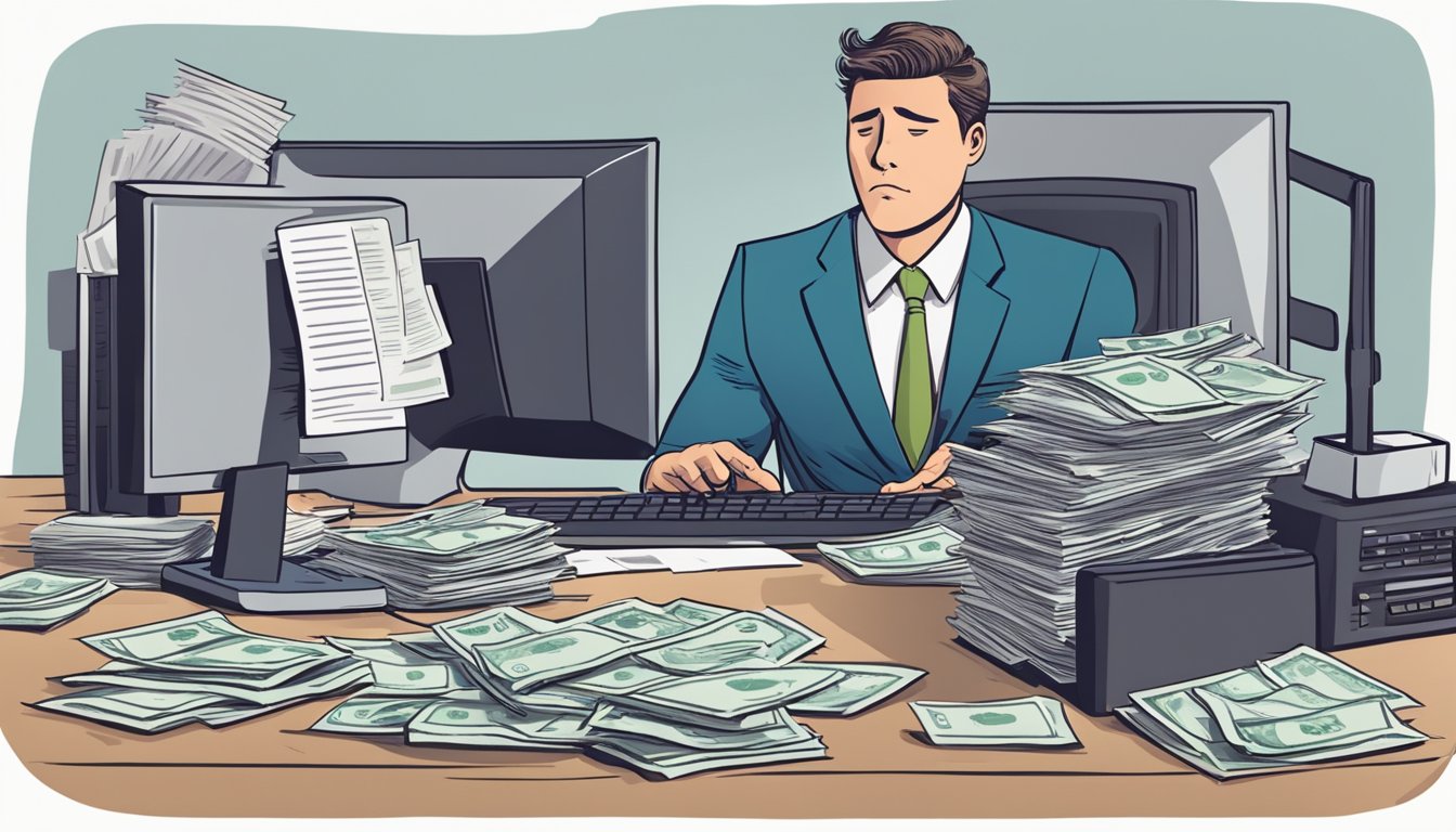 A person in a suit sitting at a desk with a pile of bills and a computer, looking stressed while trying to manage their debt and repayment strategies