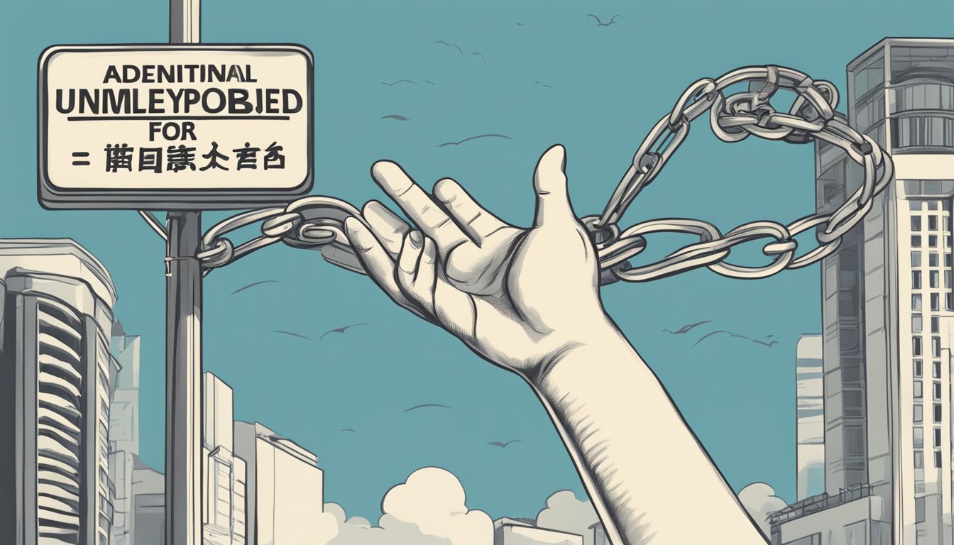 A hand reaching out for a lifeline, a sign reading "Additional Support for Unemployed Individuals loan for unemployed Singapore." A sense of hope and desperation in the air