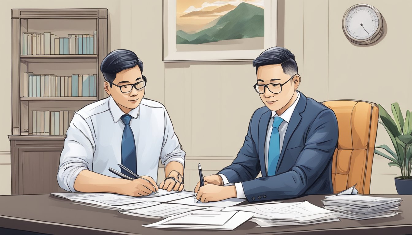 A person signing a legal document with a bank officer, showing proof of income and assets for loan guarantor requirements in Singapore