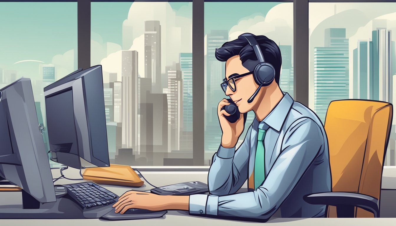 A customer service representative answers phone calls and emails, assisting clients with frequently asked questions about loan services in Singapore