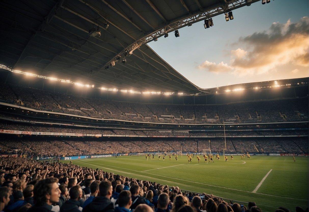 A crowded stadium with a field of players, goal posts, and cheering fans, with banners and logos of various AFL betting sites displayed prominently