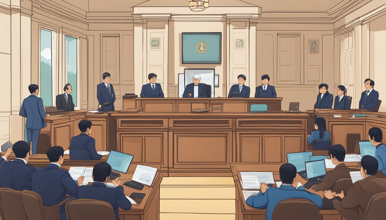 A courtroom with a judge presiding over a case involving loan scams in Singapore. Lawyers present evidence and argue their case
