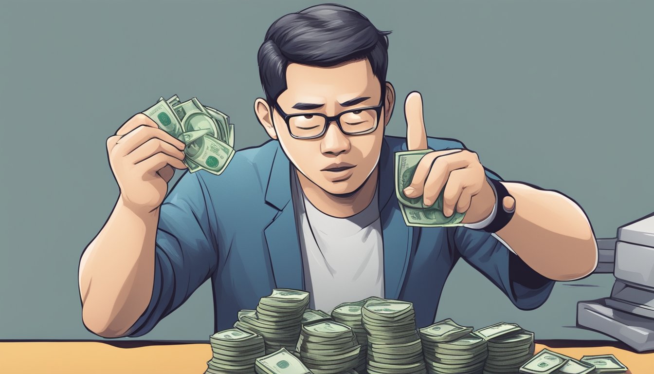 A loan shark in Singapore counting money and intimidating a debtor