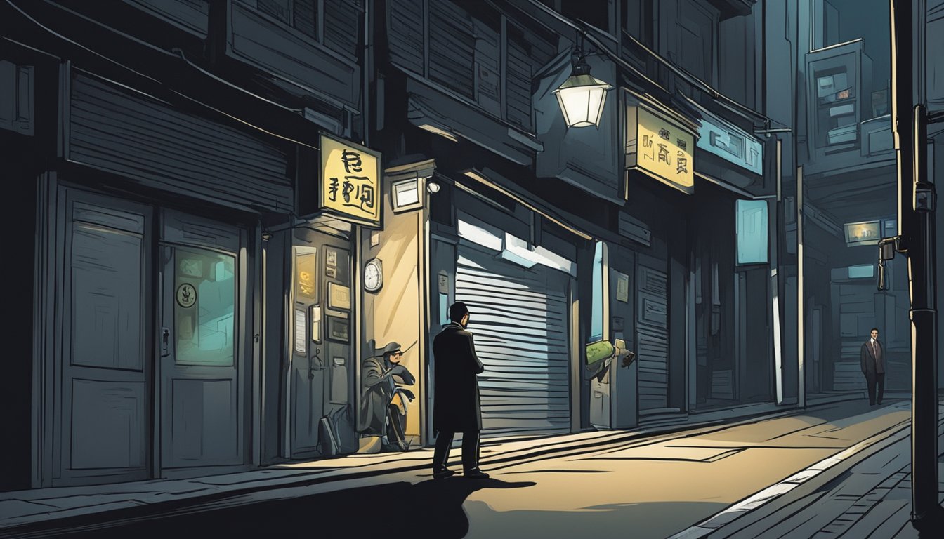 A dark alley with a shadowy figure exchanging cash with a menacing loan shark in Singapore. The atmosphere is tense and foreboding