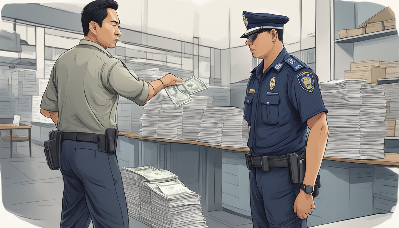 A Singapore police officer confronts a loan shark, seizing illegal documents and money. The officer stands tall, showing authority and determination