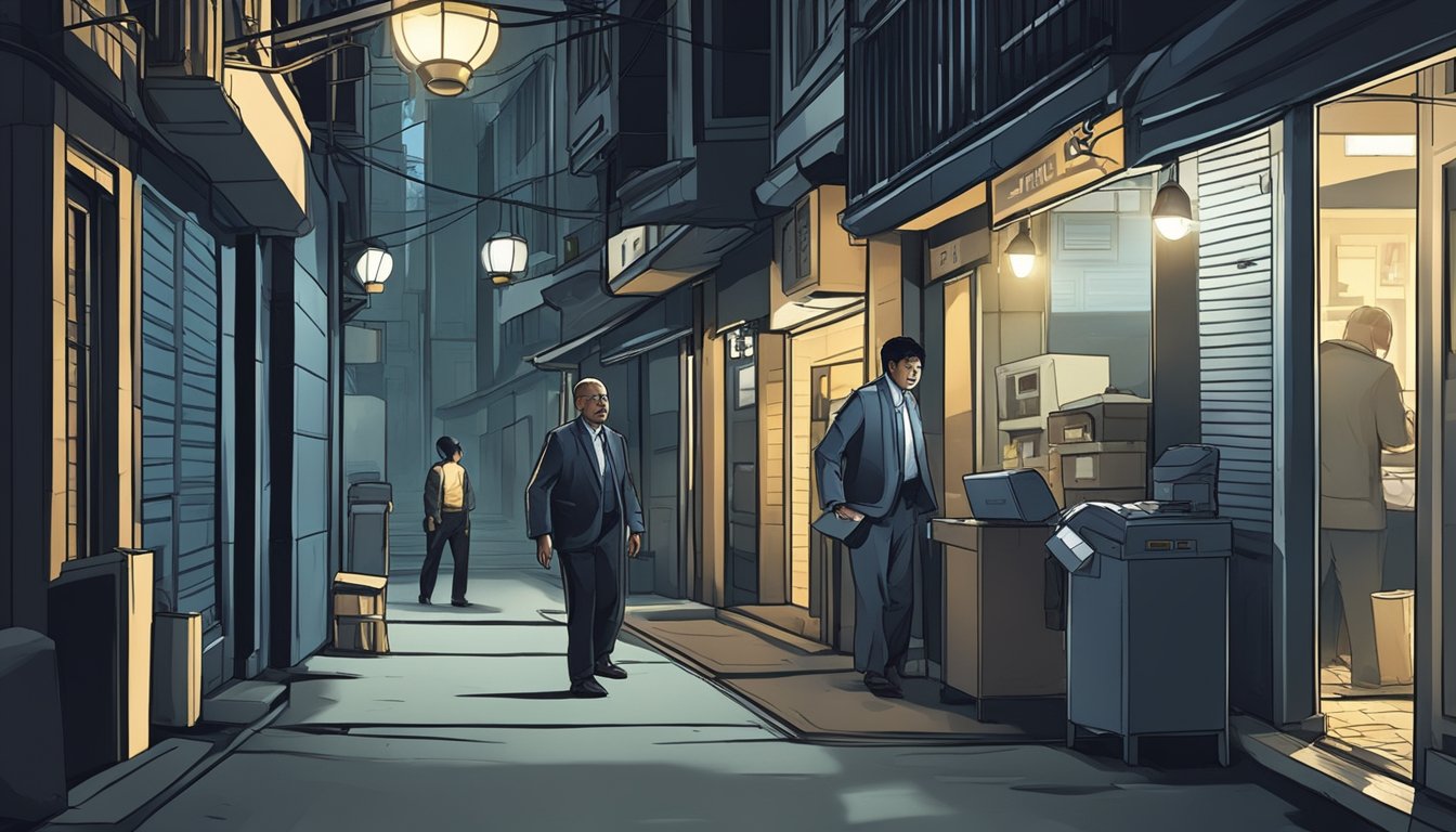 A loan shark intimidating a victim in a dimly lit alley in Singapore, with the victim support and debt management office in the background