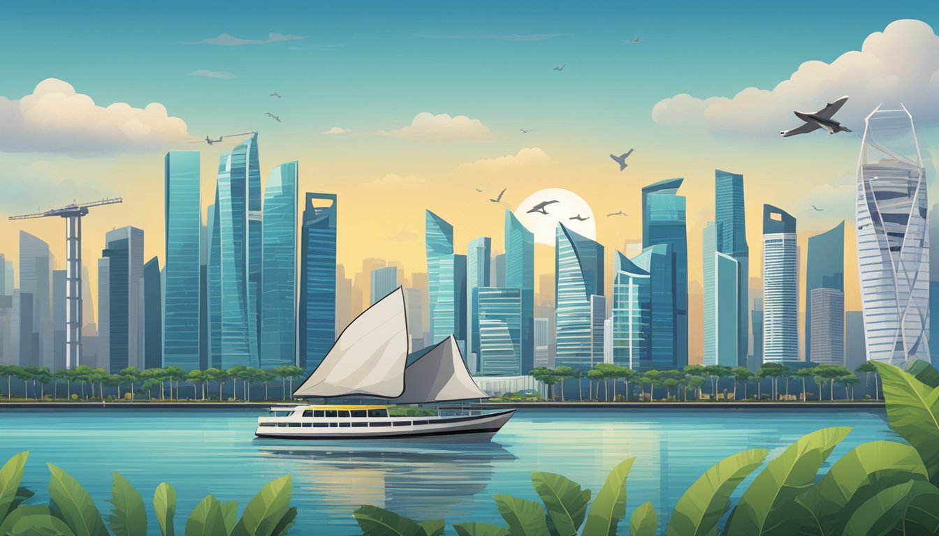 A signboard displaying "Preventive Measures and Public Awareness" against a backdrop of the Singapore skyline, with a prominent image of a crossed-out loan shark symbol
