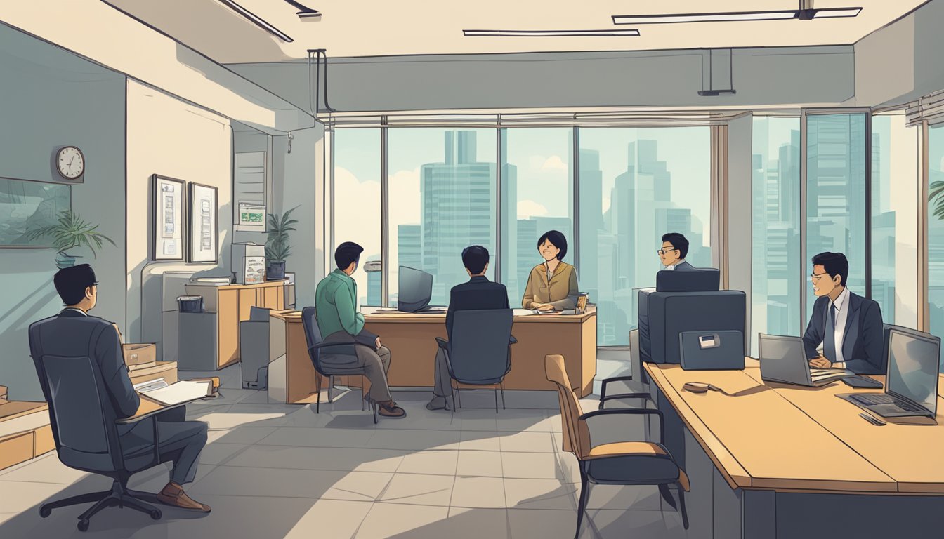 A loan shark's office with a sign reading "Frequently Asked Questions" in Singapore. A tense atmosphere with clients waiting nervously