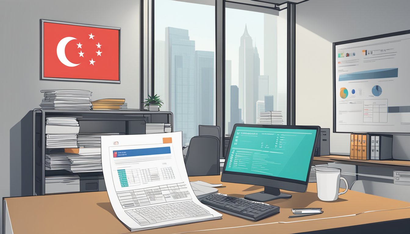 An office desk with a computer displaying the LQS guidelines, a calculator, and a stack of paperwork. A Singaporean flag hangs on the wall