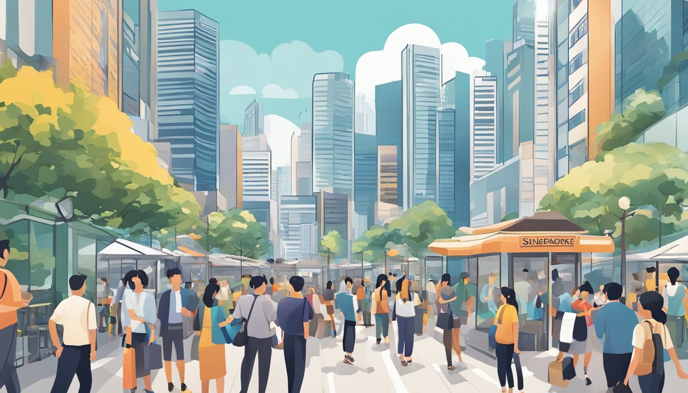 A bustling cityscape with diverse workers and bustling economic activity, showcasing the impact of the local qualifying salary in Singapore