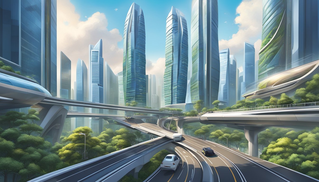 A futuristic cityscape with skyscrapers and advanced transportation systems, showcasing the bustling urban environment of Singapore
