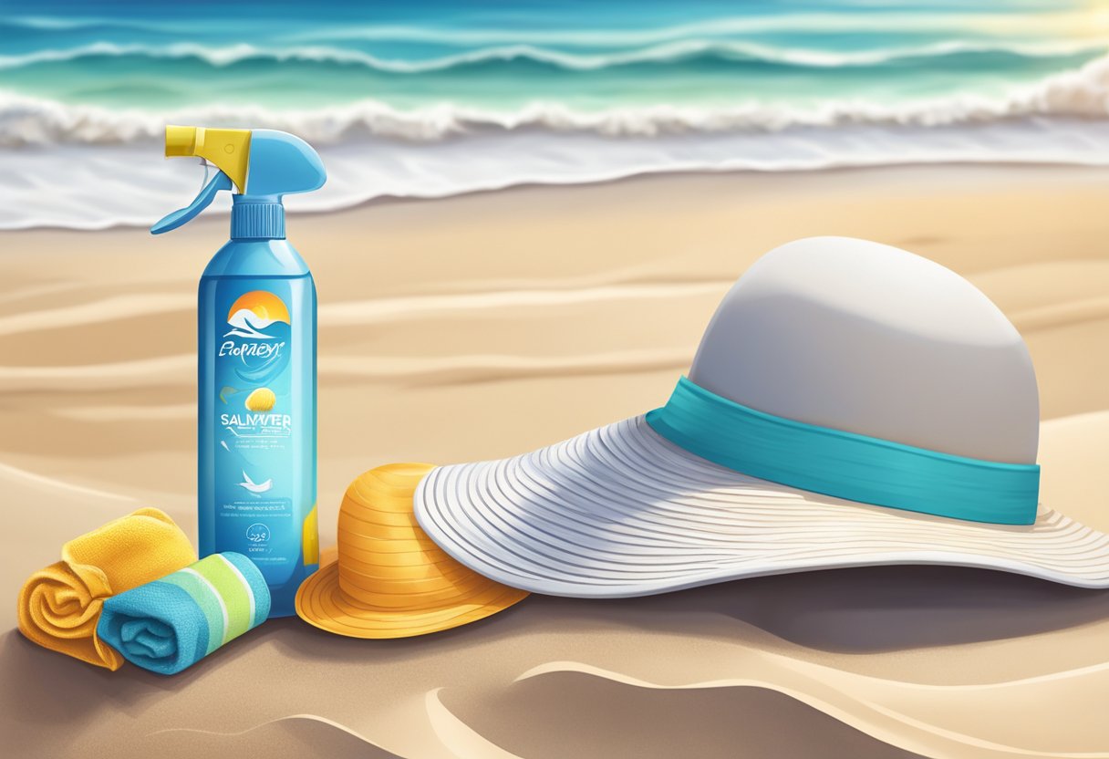 A bottle of saltwater spray sits next to a beach towel and a sun hat on a sandy shore. Waves crash in the background