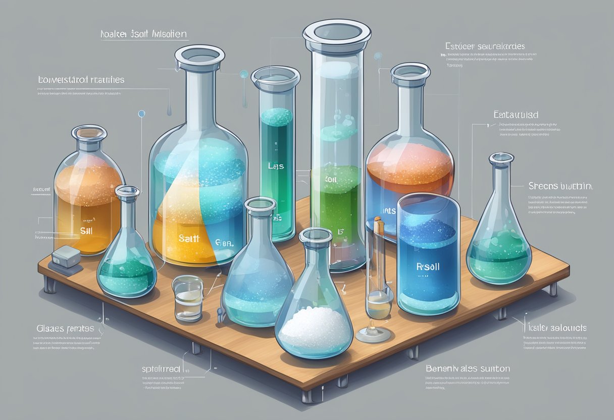 A glass beaker with salt water solution, surrounded by scientific equipment and labeled bottles