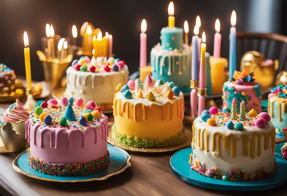 A table covered with colorful, elaborately decorated birthday cakes of various shapes and sizes, adorned with frosting, sprinkles, and candles