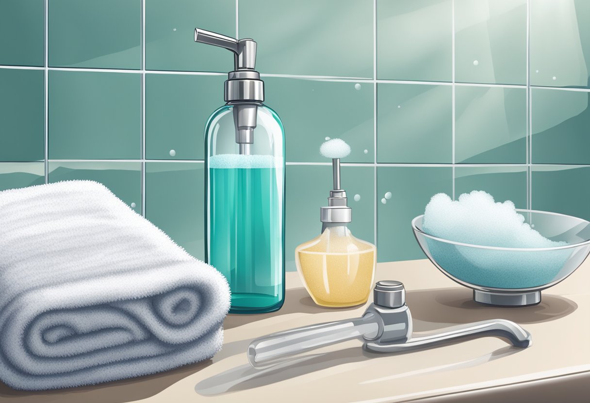 A clear glass spray bottle filled with salt water sits on a bathroom counter. A comb and a towel are nearby, ready for use