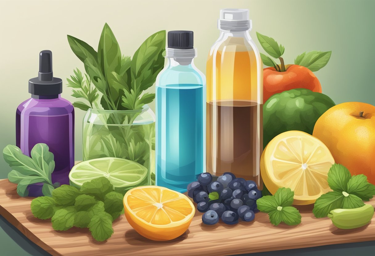 A clear glass bottle filled with a mixture of essential oils and herbs sits next to a spray bottle filled with fresh water. A variety of colorful fruits and vegetables are arranged on a wooden cutting board