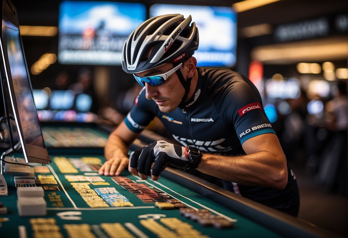 Cyclist selecting from top bookmakers' logos for betting