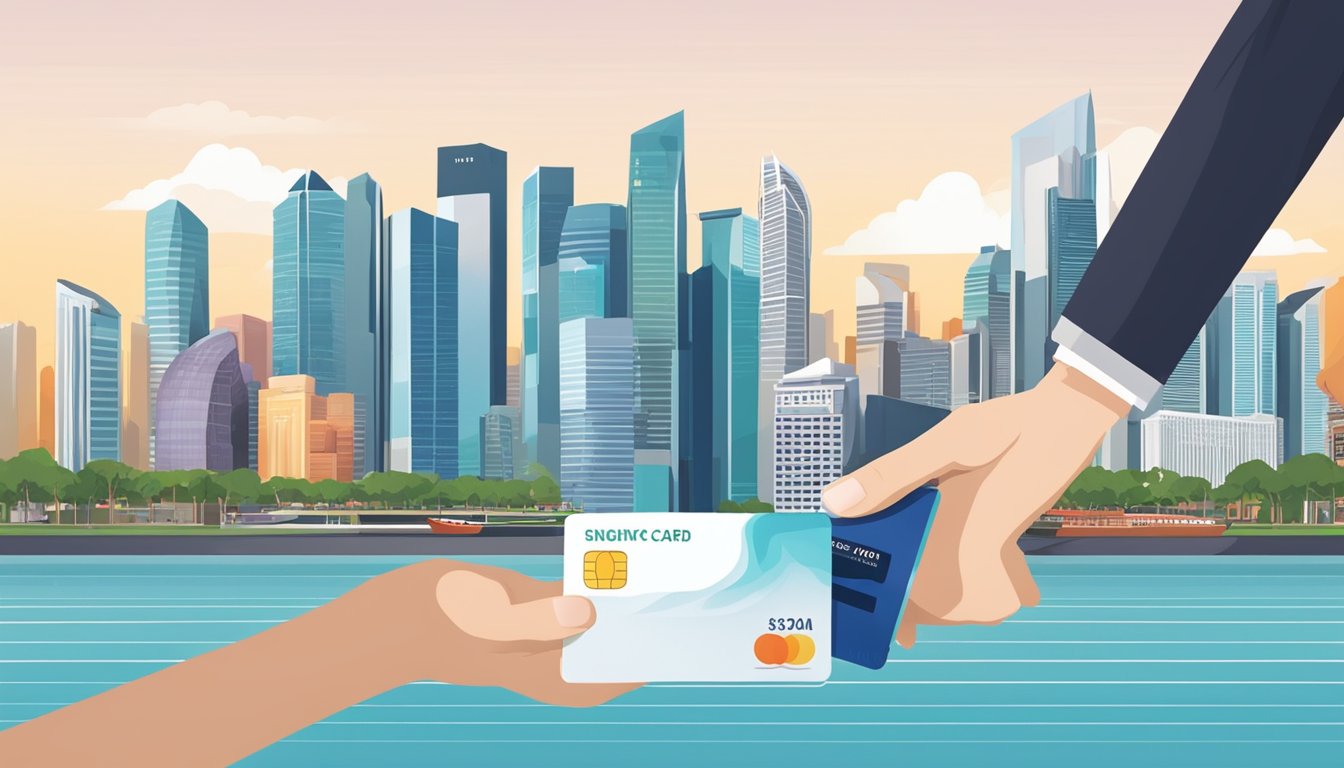 A hand holding a low-income credit card with a backdrop of Singapore's iconic skyline and financial district