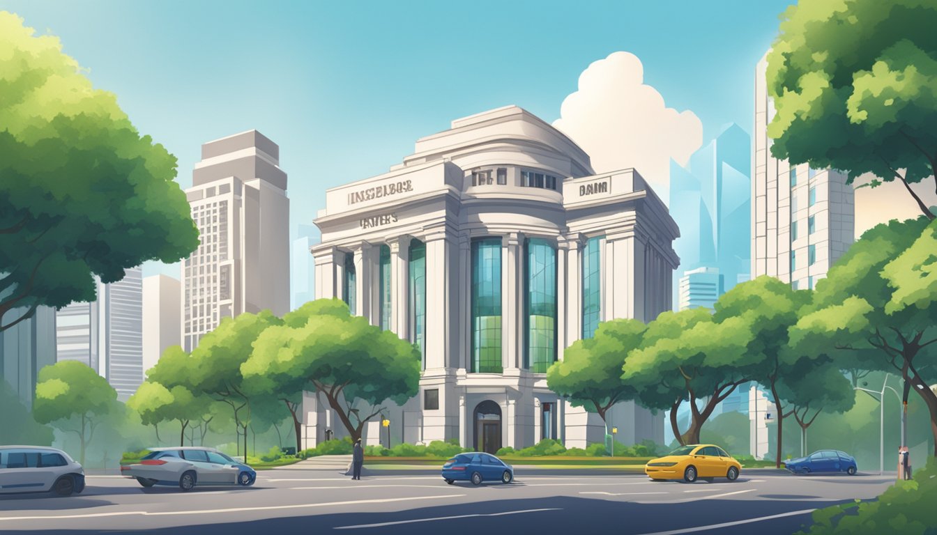 A bank building in Singapore with a large sign displaying the lowest home loan interest rate. Surrounding buildings and greenery in the background