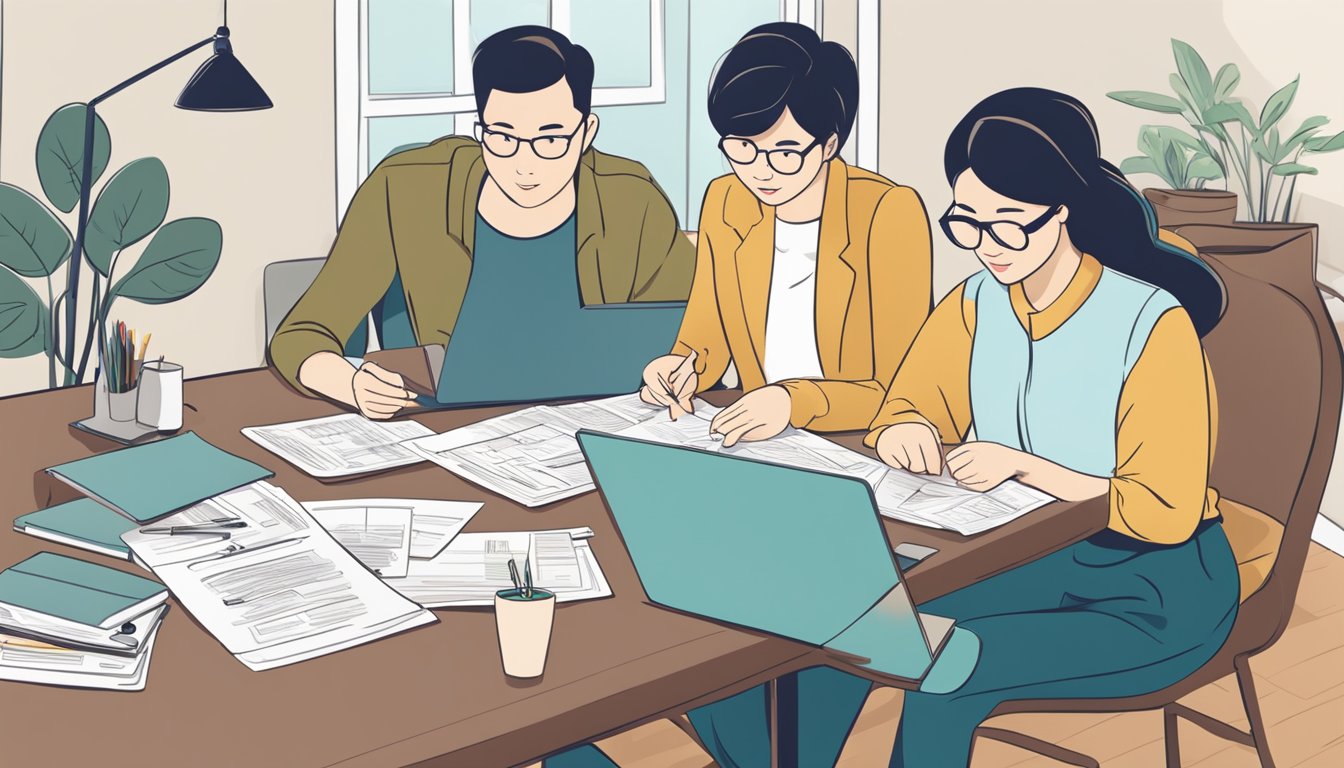 A family sits at a table, reviewing home loan documents. A laptop displays the lowest home loan interest rates in Singapore. A calculator and pen lay nearby