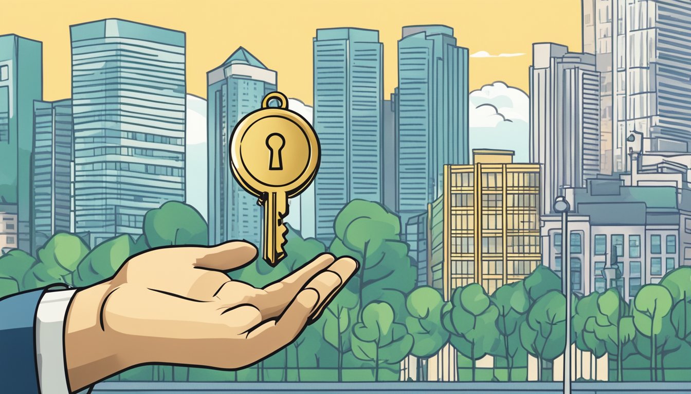 A hand reaches out to grab a golden key, symbolizing securing the best home loan rates. A bank building stands in the background, with a sign displaying the lowest home loan interest rate in Singapore
