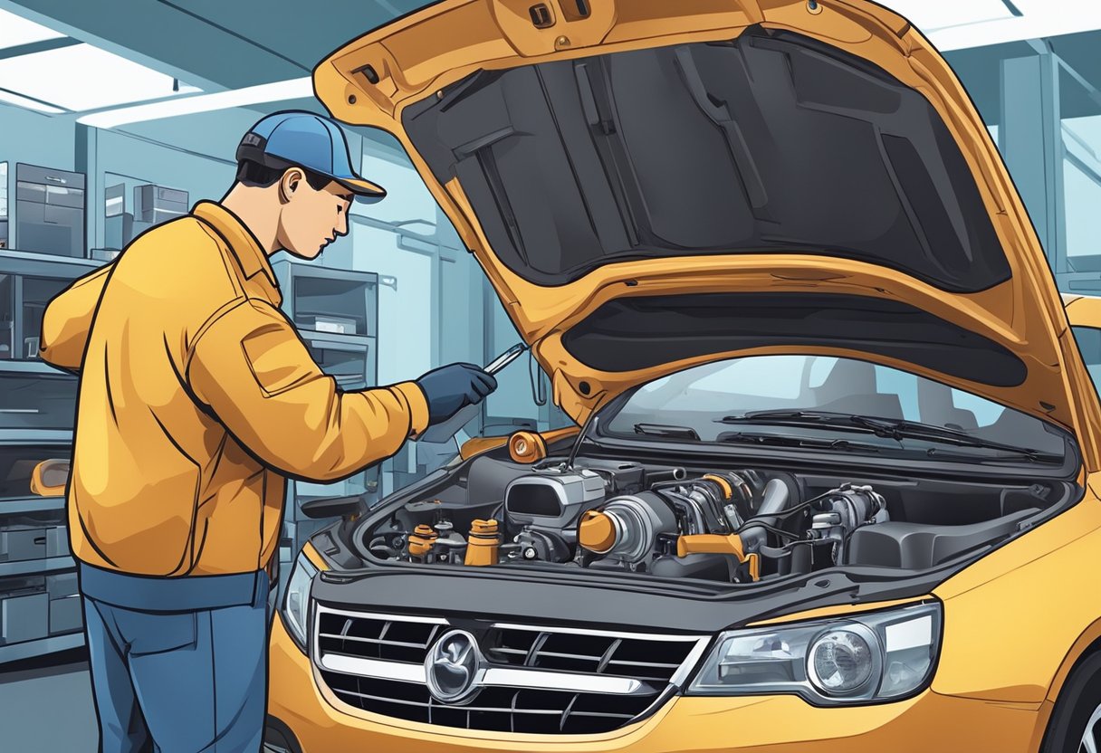 A mechanic examines a car's engine, pointing to the idle air control valve.

Tools and diagnostic equipment are scattered nearby