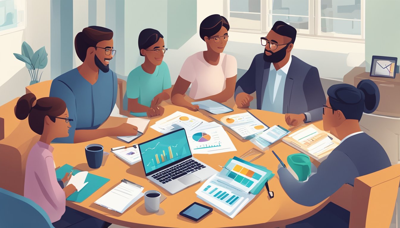 A family sits around a table, discussing home loan options. A laptop displays a graph of interest rates, while a calculator and notepad are scattered with figures
