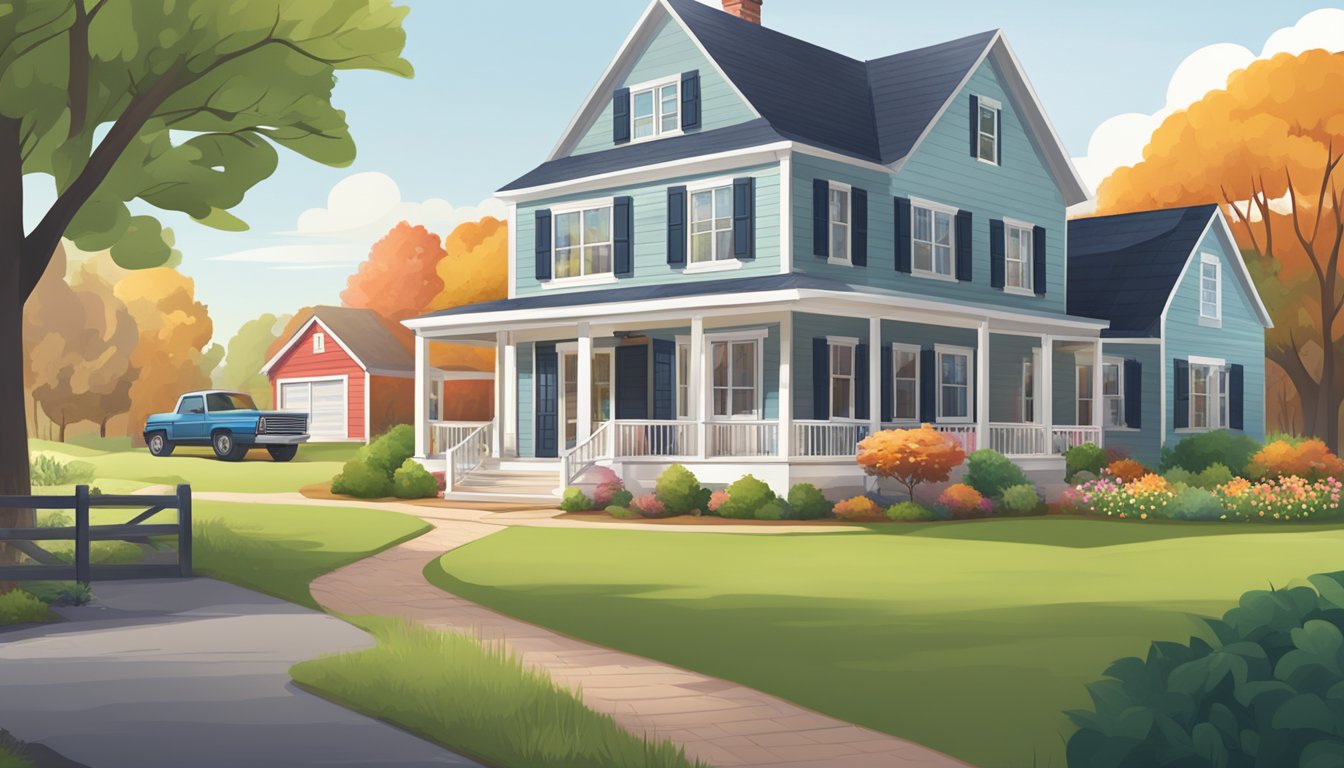 A suburban house, a downtown apartment, and a rural farm with a barn, each with a mortgage rate sign displayed outside