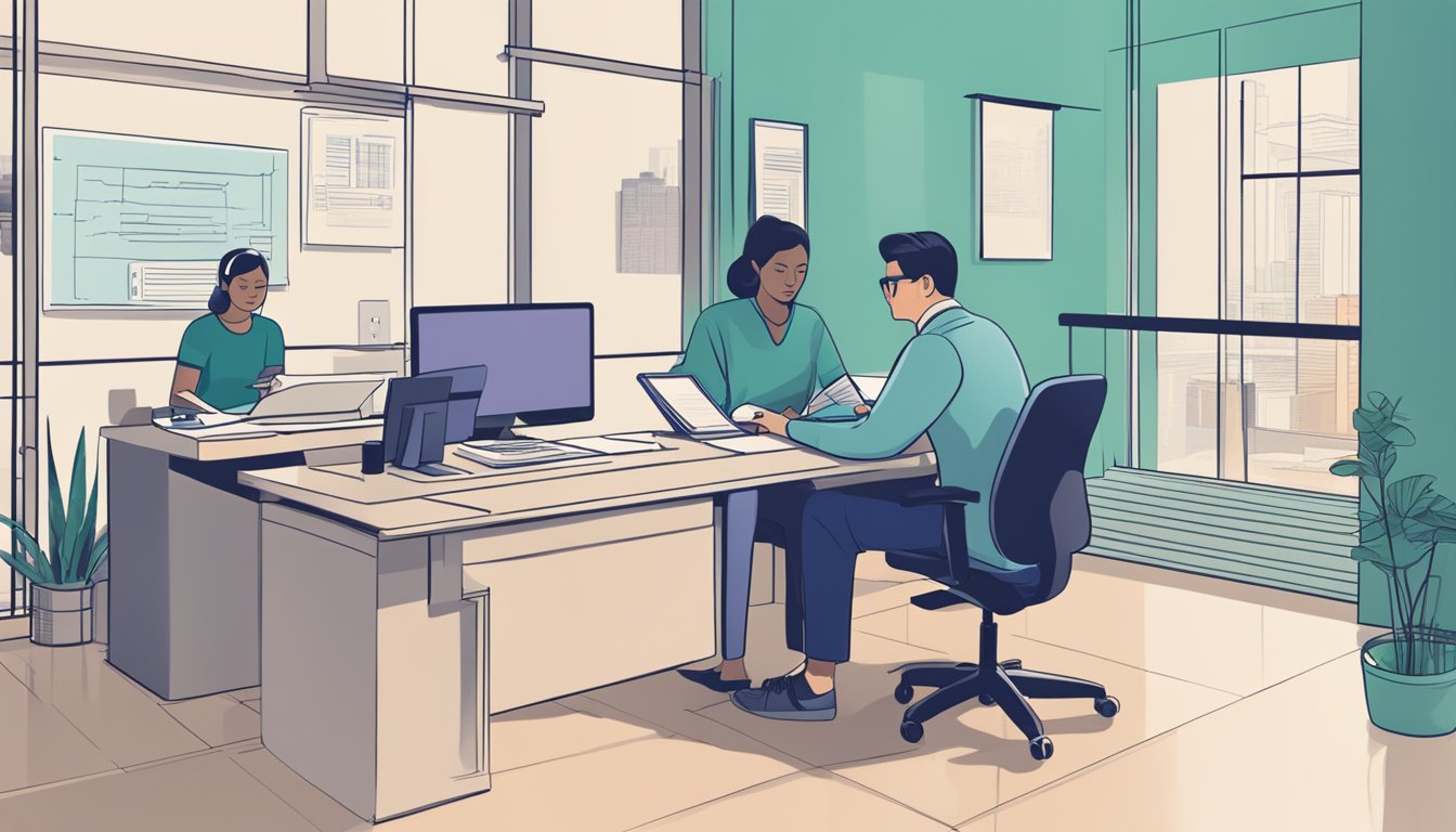 A person fills out paperwork at a desk while a bank representative reviews their application. A computer screen displays the lowest home loan interest rates in Singapore