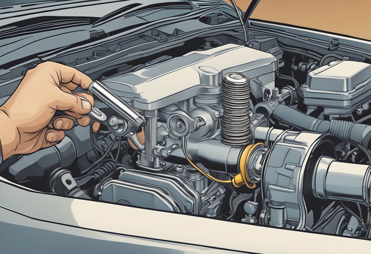 A hand holding a wrench tightens a screw on a car engine's idle air control valve.

Smoke rises from the engine as the mechanic works