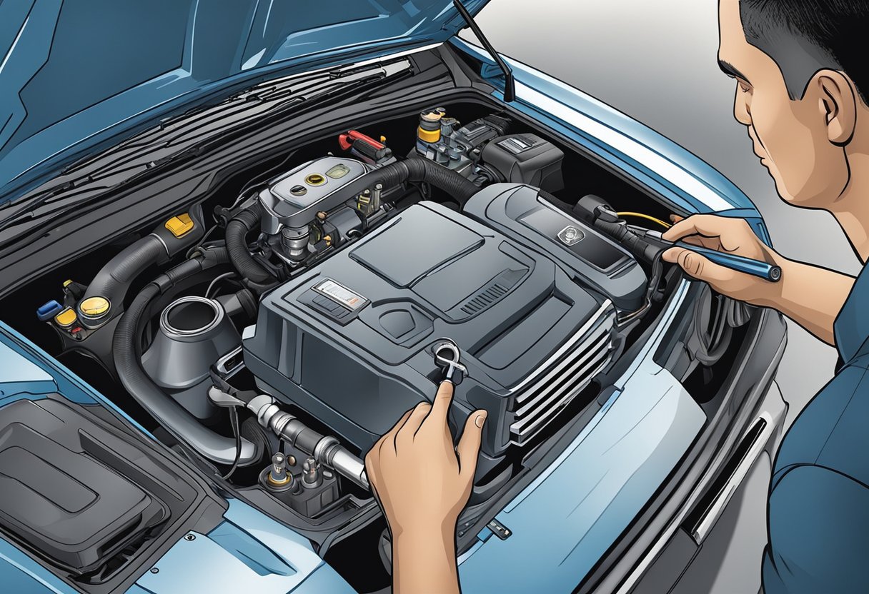 A car hood open, a mechanic inspecting the idle air control valve with tools nearby, and a diagnostic tool connected to the car's computer