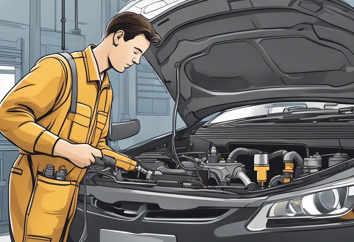 A mechanic inspects a car's fuel system for leaks, using a diagnostic tool to identify the P0455 code.

The mechanic then proceeds to fix the large evaporative emission system leaks