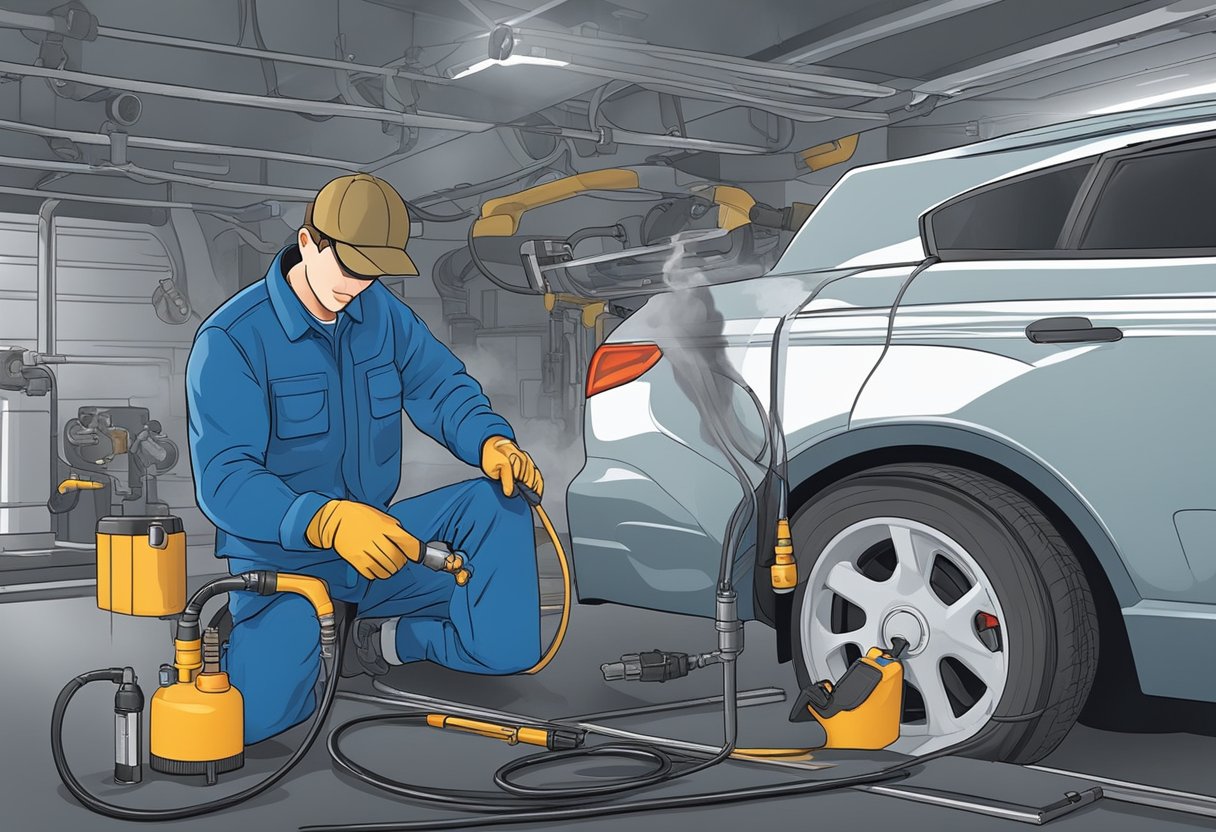 A mechanic is using a smoke machine to detect leaks in the evaporative emission system of a car.

They are inspecting hoses, valves, and the fuel tank for any signs of damage or wear