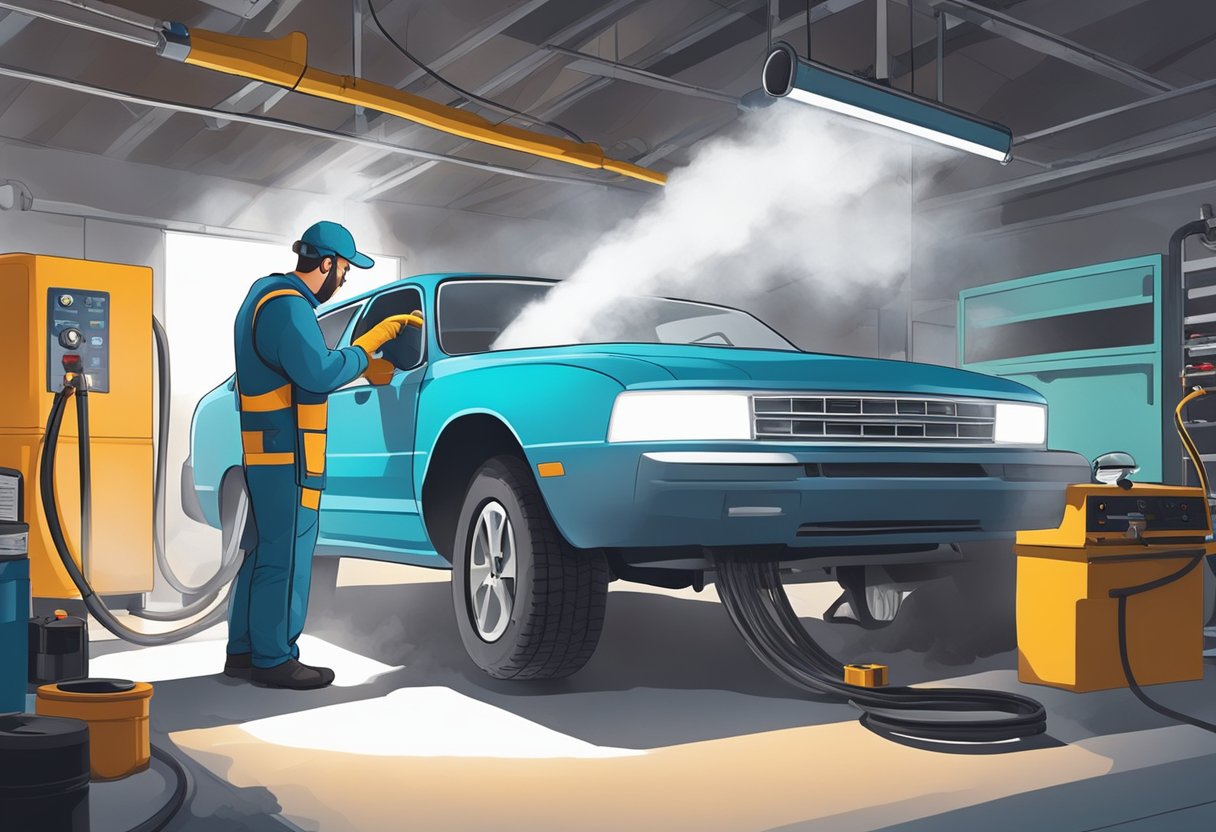 A mechanic inspects a car's evaporative emission system for leaks using a smoke machine and diagnostic tools in a well-lit garage