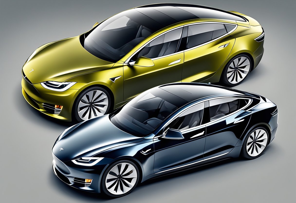 Two Tesla cars side by side, one with dual motors, the other with a single motor.

The dual motor model is shown with its hood open, revealing its advanced engine system