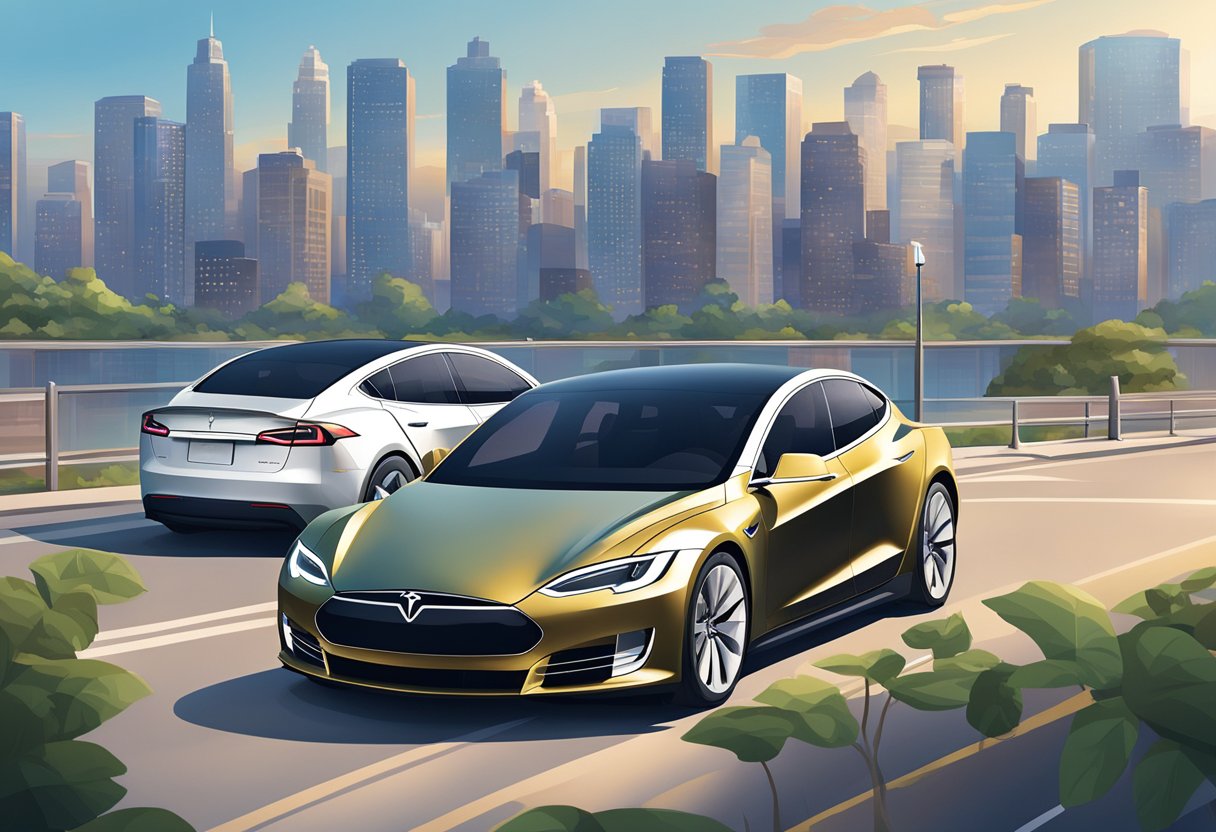 Two Teslas side by side, one with dual motors and the other with a single motor.

Both cars are parked on a clean, modern street with a city skyline in the background