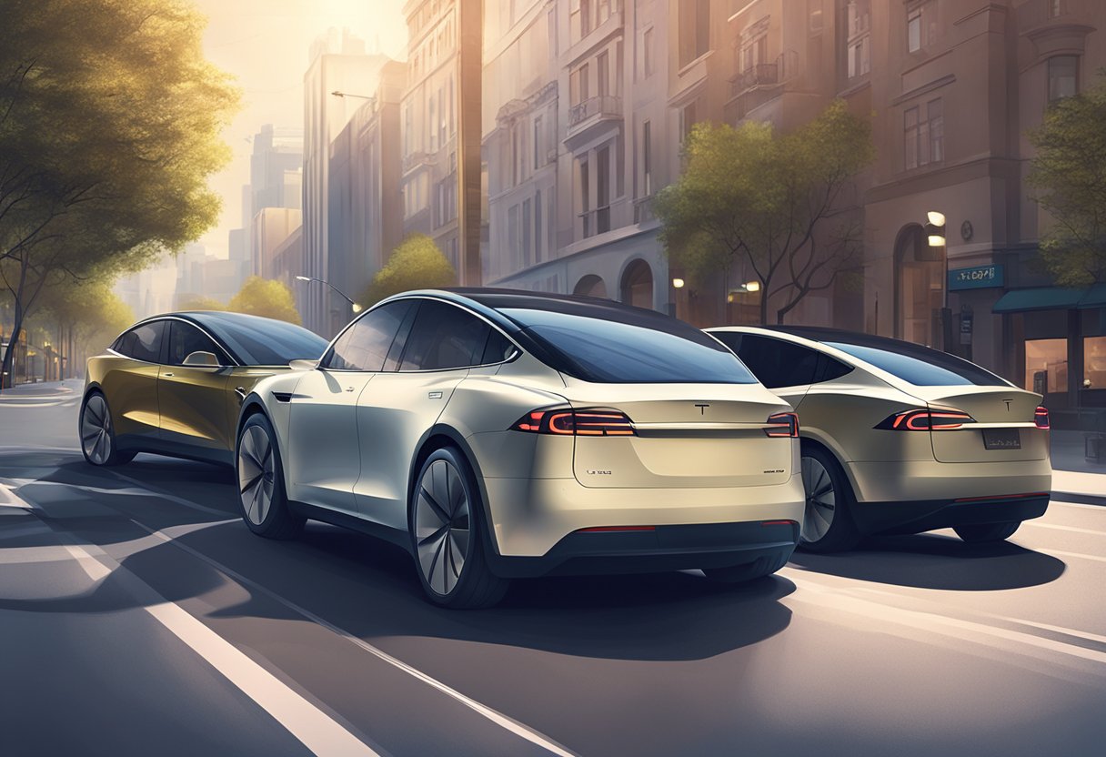 Two Tesla electric cars, one with dual motors and one with a single motor, side by side on a futuristic city street.

The cars are sleek and modern, with the dual motor model emitting a subtle electric glow