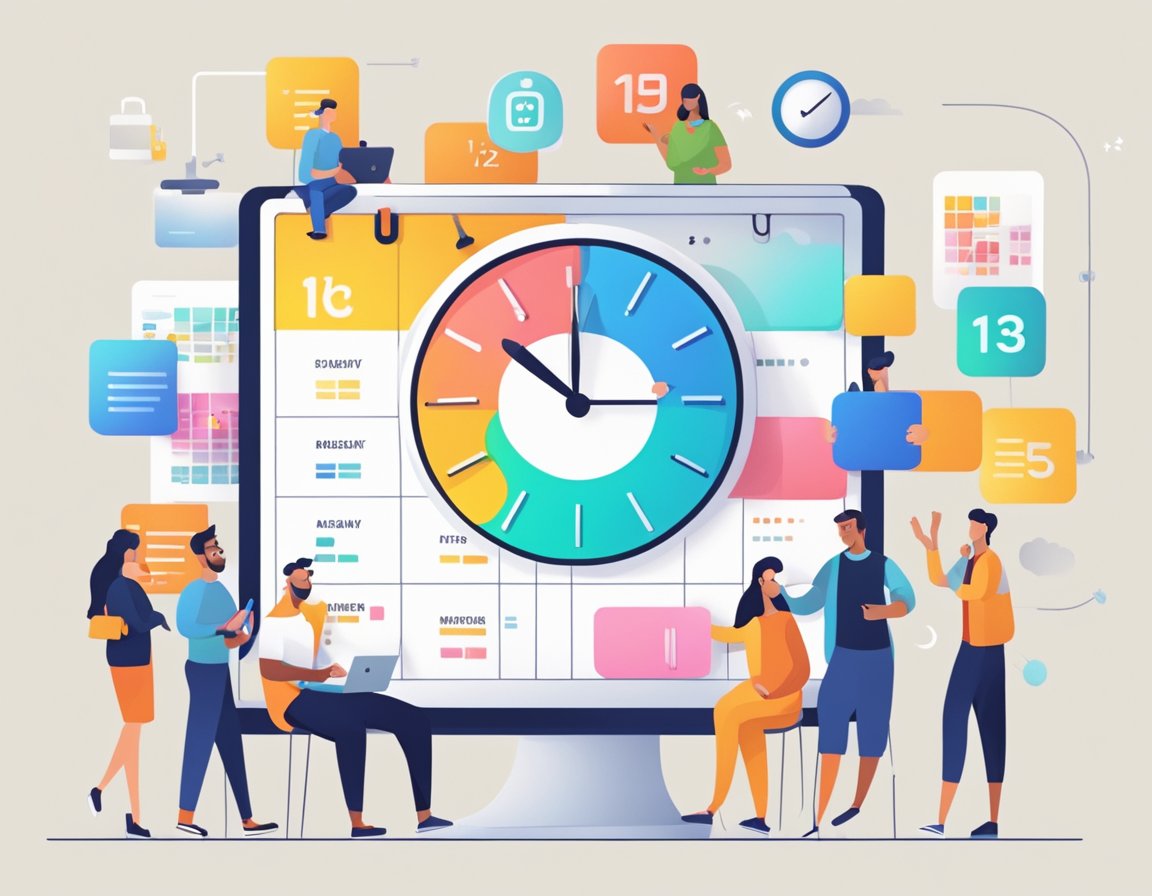 A colorful calendar with labeled tabs, a clock showing different times, a smartphone with notifications, a streamlined process flowchart, and a group of people smiling and working together