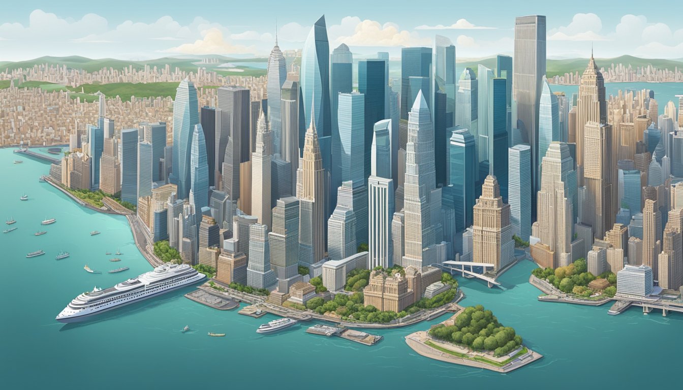 Aerial view of Manhattan skyline with iconic landmarks, set against the backdrop of the Singapore cityscape