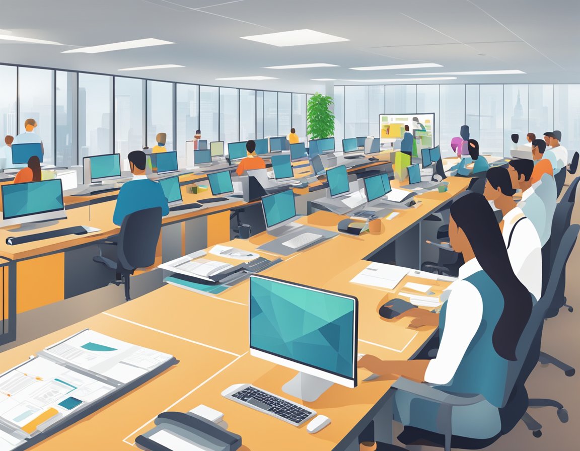 A bustling office with a digital scheduling tool displayed on a computer screen. Employees are efficiently managing tasks and appointments, while a streamlined workflow is evident in the background