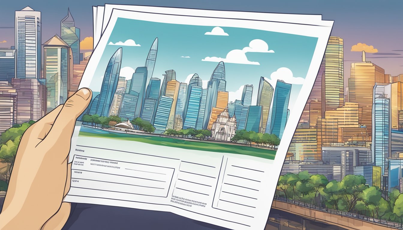 A hand holding a completed application form for the Manhattan card, with a cityscape of Singapore in the background