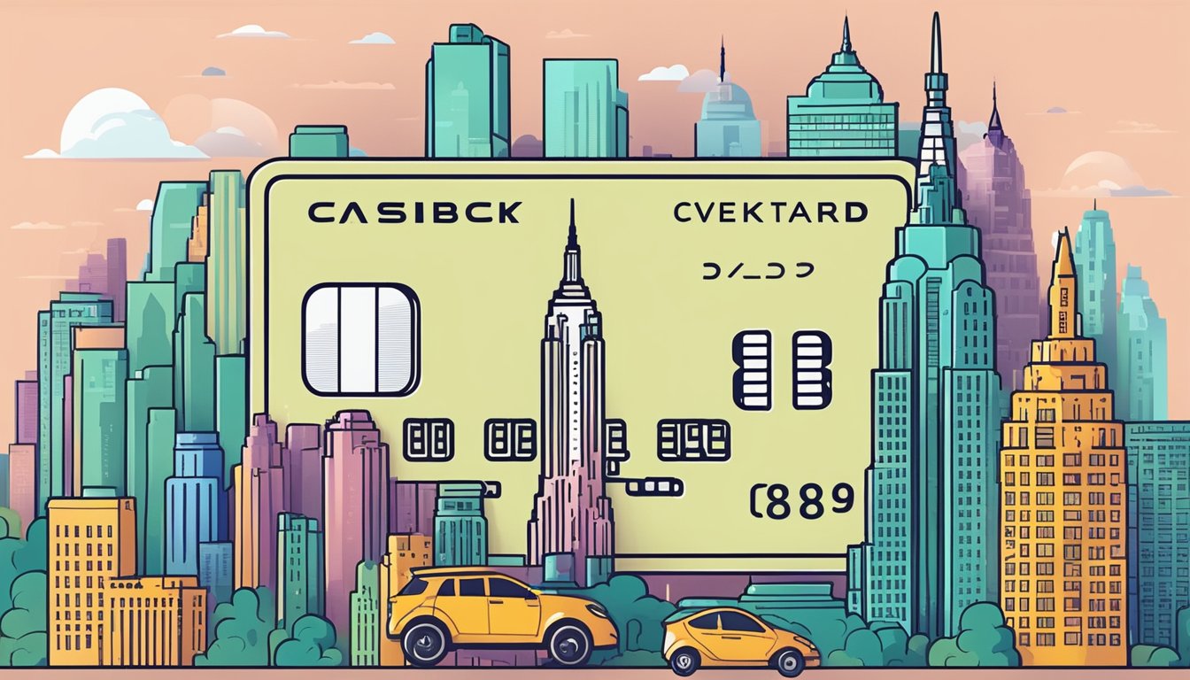A sleek credit card surrounded by iconic Manhattan landmarks, with cashback and rewards floating around it